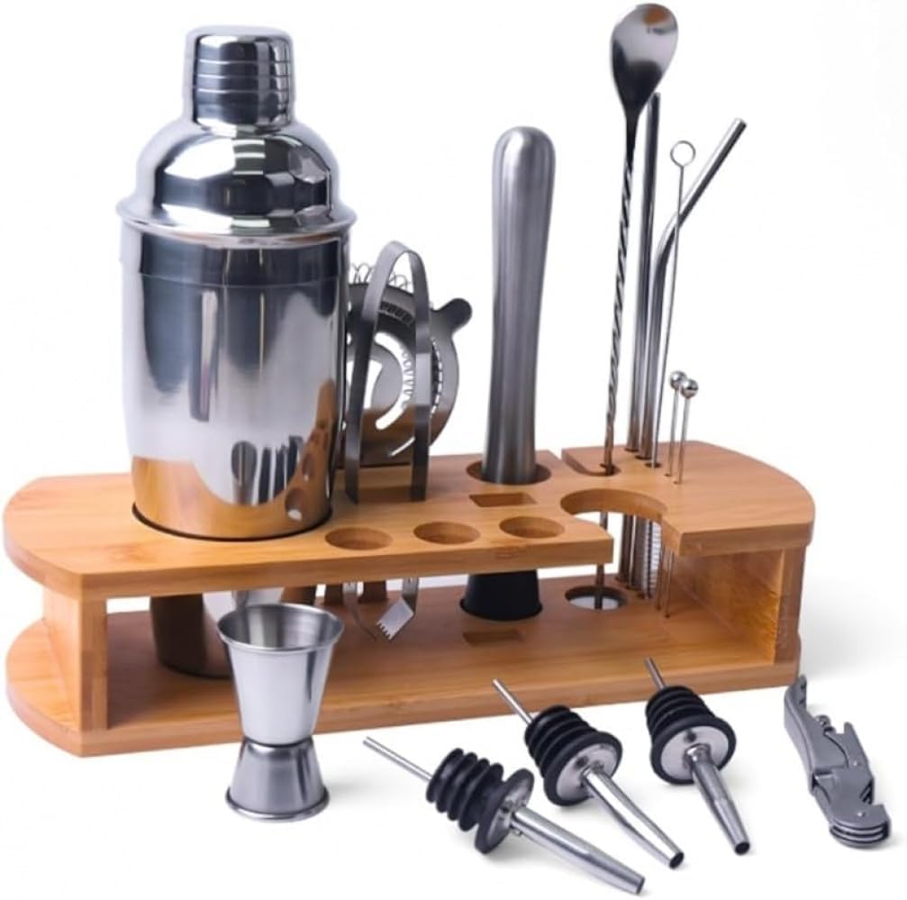 カクテルシェーカーセット、竹スタンド付き15PCSバーテンダーキット、350mlマティーニシェーカーセット、ステンレススチールプロフ