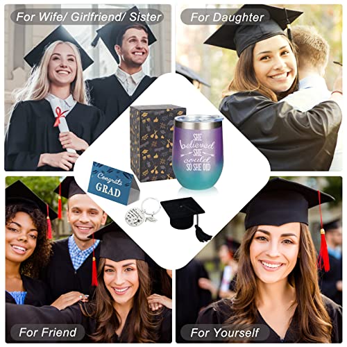 She Believed She Could So She Did, 12 Oz Stainless Steel Stemless Wine Tumbler With Keychain, Congratulations, 2023 Graduation, Promotion, Going Away, Job Change, Congrats Gift (Glitter Gradation) #TOP2