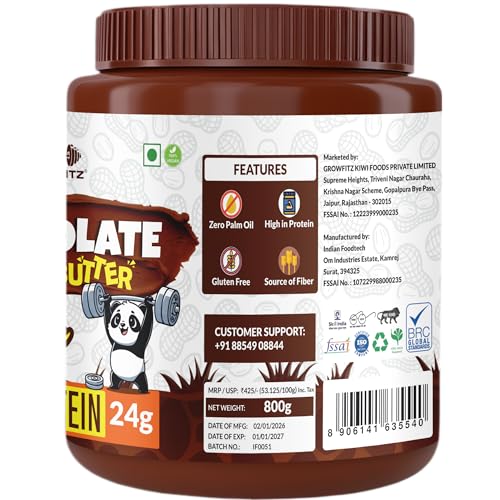 Image of Growfitz Peanut Butter Chocolate Smooth 800g | 24g High Protein Peanut Butter | 7g Fiber | Tasty & Healthy Nut Butter Spread for Breakfast & Snacks | Roasted Peanuts | Zero Sugar (Pack of 3)
