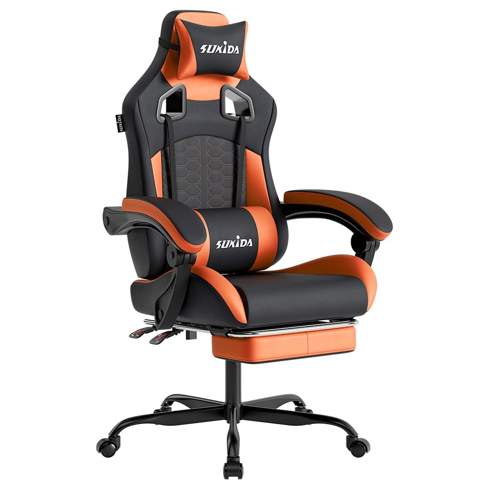 SUKIDA Ergonomic Gaming Chair for Adult, Comfortable Desk Chair with Massage, Comfy Headrest and Lumbar Support Pc Office chairs with Footrest, Height Adjustable Rotating Task Chairs