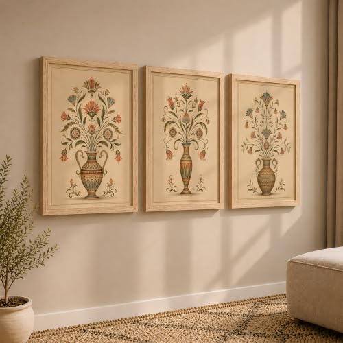 Image of NoWorries Floral Vase Wall Art Set of 3 Framed Prints | Indian Traditional Botanical Painting, Vintage Rajasthani Flower Pot Poster, Ethnic Royal Wall Decor for Living Room Bedroom Home (Synthetic Engineered Wooden Frame) (MIN -7, 17x25 inches)