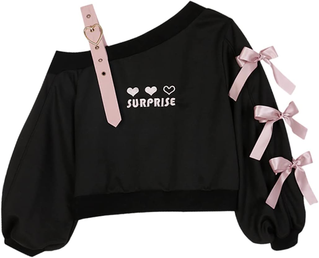 Off Shoulder Sweatshirts Teen Girls Lolita Kawaii Embroidered Heart Graphic Lace Up Crop Top Casual Pullover…