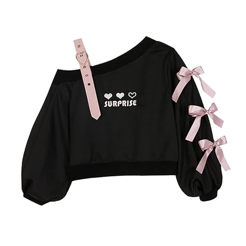 Off Shoulder Sweatshirts Teen Girls Lolita Kawaii Embroidered Heart Graphic Lace Up Crop Top Casual Pullover… - Large - Black