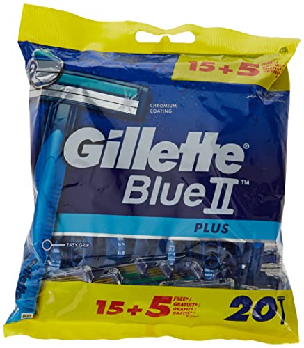 Gillette Blue II Plus Rasoirs Jetables x 20, Avec Bande Lubrifiante Et Deux Lames Ultra-Affûtées, Pour 5 Rasages De Près