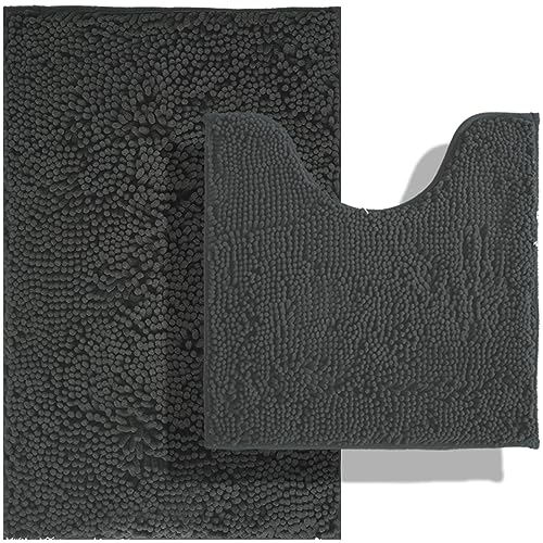 Image of BOANKODU 2-Piece Bath Set, Soft Chenille Bath Mat & U-Shape Rug, Non-Slip, Machine Washable (Grey, 32x20 + 20x20 Inch)