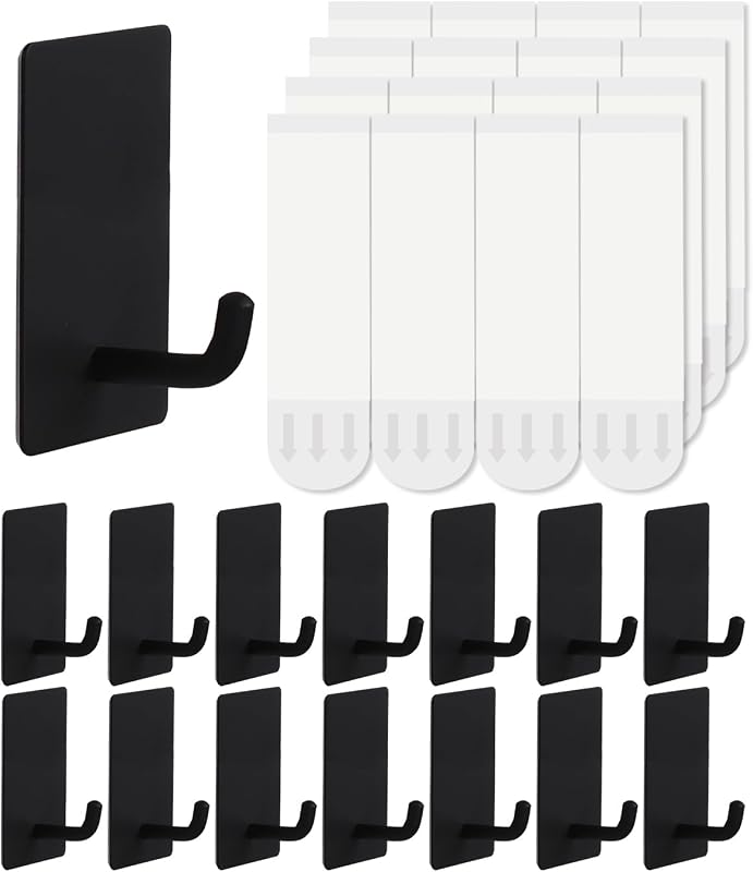 14 Pcs Towel Hooks with Removable Strips for Hanging, Adhesive Wall Heavy Duty, Outdoor No Damage, Sticky Hook for Bathrooms, Shower, Stockings, Decor, Robe, Small, Black 304 Stainless Steel
