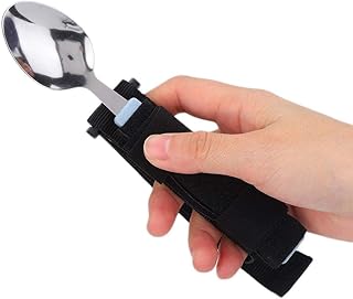 Easy Grip Eating Aids Spoon Adaptive Eating Utensils Rotating Stainless Steel Holder Silverware Set Elderly Care Spoon Arthritis Disabled Patient Dining Scoop Utensil with Auxiliary Strap