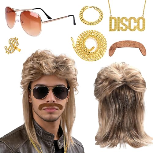 7 PCS Perruque Mulet Homme Années 80s 90s,Accessoires Hippie Costume,Deguisement Disco Homme avec perruque homme,Lunettes de Soleil,Fausse Barbe,Collier,Bracelet,Bague...
