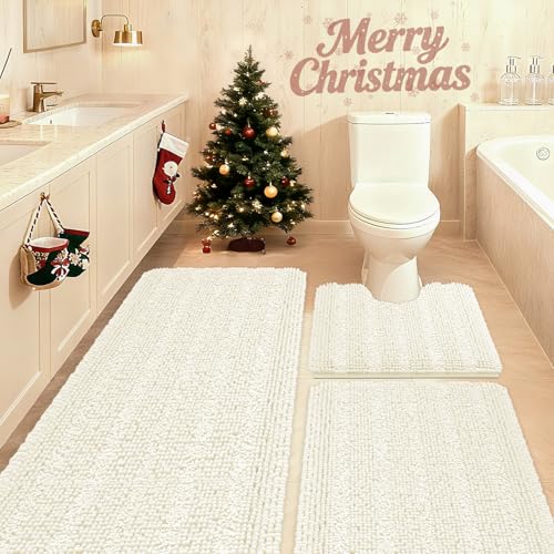 ACCUMTEK Striped Ice Cream Bathroom Rug Set 3 Pieces Ultra Soft, Non Slip Chenille Toilet Mat, Absorbent Plush Shaggy Bath Mats for Bathroom, Bedroom, Kitchen