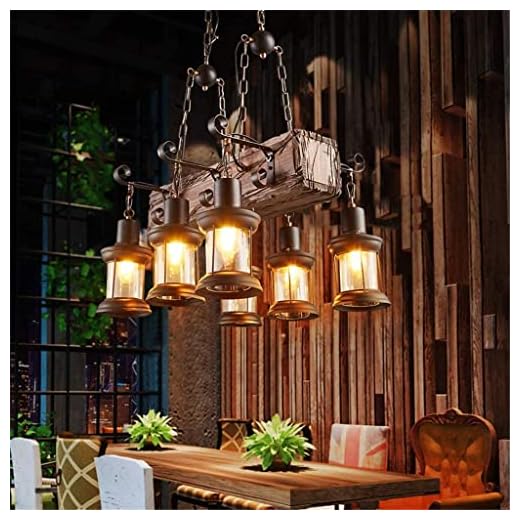 Farmhouse Lighting Industrial Rustic Wood Beam Linear Island Pendant Light Chandelier Lighting Hanging Ceiling Fixture 6-Light