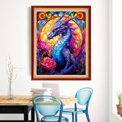 Image of Magxvouy Cross Stitch Kits Stamped Full Range of Embroidery Kits,Cross Stitch Patterns Needlework Kits for Beginners 11CT Printed Kits&Colorful Flower Dragon 16x20 inch