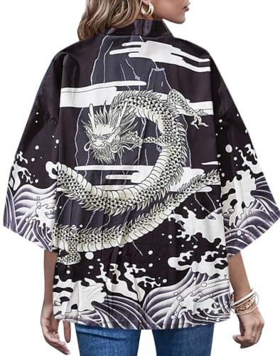 Image of LAI MENG FIVE CATS Women's Floral Print Loose Blouse Japanese Kimono Tops | Puff Sleeve,Cover up Top,Casual Cute Tops,Summer Cardigans 2026