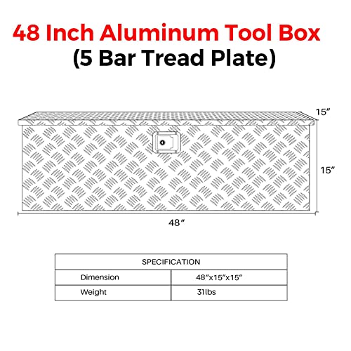 LucaSng Truck Bed Tool Box Trailer Storage Tool Box w/Lock & Keys Heavy Duty Pick Up Aluminum 48 X 15 X 15 Inch Silver