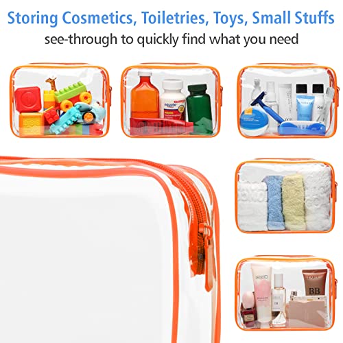 Image of Clear Toiletry Bag, Packism 3 Pack TSA Approved Toiletry Bag Quart Size Bag, Travel Makeup Cosmetic Bag for Women Men, Carry on Airport Airline Compliant Bag, Orange & Orange, 2 Pack, 1 Medium, 1 Large