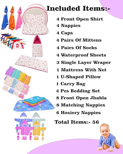 Image of Toddylon Flat Bed 56 in 1 New Born Baby Products All Baby Bedding Set & Clothes Gift Packs (0-6 Months)