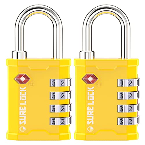 SURE LOCK TSA Accepted 4 Dig Heavy Duty Big Combination Luggage Padlock All Metal Travel Lock for Equipment Hard Case Luggage Gun Case Gym Locker Pelican Vault Lock (2, Yellow)