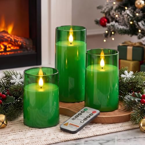 Image of Raycare Battery Operated Flameless Pillar Candles with Remote Timer, Green | LED Acrylic Candle with Festive Glow for Christmas Trees, Holiday Tables, Seasonal Parties, Family Gathering Gift, Set of 3