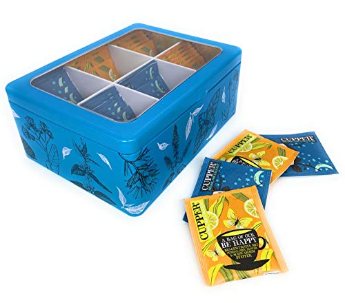 Perfekto24-Teebox-Teekiste-aus-Metall-mit-aufklappbarem-Deckel-Teedose-mit-6-Faechern-fuer-Teebeutel-als-Teebeutelbox-und-Schmuckkaestchen-aus-Weissblech-kein-Aromaverlust-blau