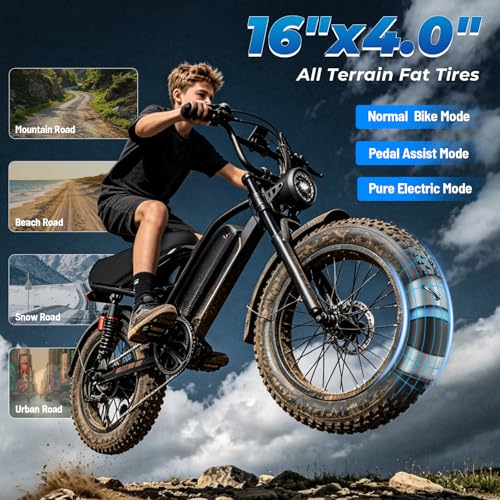 Image of Jasion YR16 Electric Bike for Adults Teens, Peak 2000W Electric Bicycle, 48V 12.5AH Battery Dirt Bike,55 Miles Moped EBike with Dual Suspension, 16 inch Fat Tire Fit Teenagers & Adults-Black