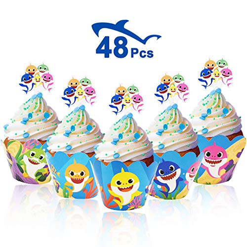 Bomcan 48 Pcs Baby Shark Cupcake Toppers and Wrappers, 24 Set Cute Shark