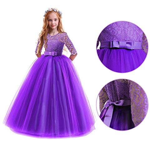 Flower Girl Long Princess Dress Vintage Lace Maxi Gown Kids Formal Wedding Bridesmaid Pageant Tulle Dresses Little Big Girls Elegant Bowknot Dance First Communion Birthday Prom Dresses Dark Purple 3-43