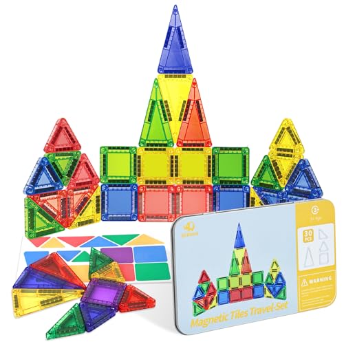 BEBOAN Bloques de construcción magnéticos de 30 piezas para niños a partir de 3 años, bloques magnéticos Connetix con caja de almacenamiento de hierro, kit de construcción portátil, regalo de