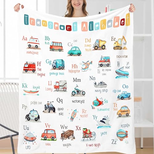YABUKITA Transport Alphabet Blanket Throw Construction Blanket Truck Toddler Throw Blanket Truck Cars Lover Gift for Halloween Christmas Birthday 30x40in for 1-5 Toddler/Puppy