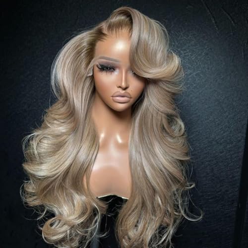 abgese Ombre Ash Blonde Wig Human Hair Brown Roots 200 Density Body Wave Lace Front Wigs Human Hair 13x4 Glueless Ash Blonde Highlight Colored Lace Frontal Wig Pre Plukced for Women 26 Inch