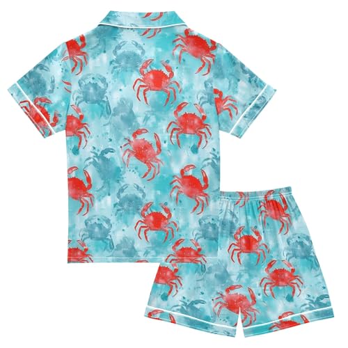 Red Crabs Pattern Summer Satin Pajama Set, Cute Button-Down Sleepwear Pj Set for Sleep Wears2