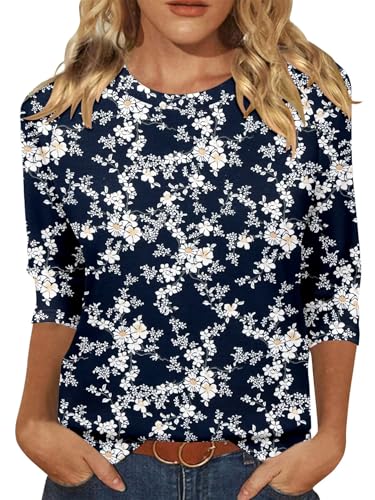 KISSMODA Tunic Tops for Women Loose Fit Dressy Round Neck Pleated 3/4 Length Sleeve Spring Tops