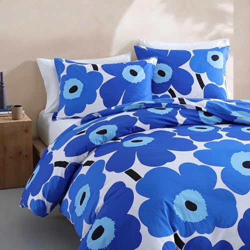 Image of MARIMEKKO - King Duvet Cover Set, Cotton Percale Reversible Bedding with Matching Shams, Floral Home Decor (Unikko Blue, King)
