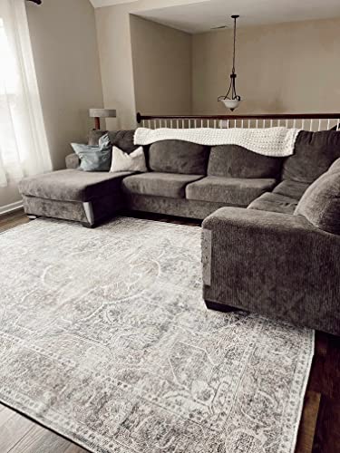 Image of Hauteloom Pegasus Turkish Oriental Medallion Living Room Bedroom Large Area Rug - 0.04 inch Pile Height - Machine Washable - Vintage Distressed - Traditional Faded - Brown, Navy Blue, Beige - 8'10 inch x 12'