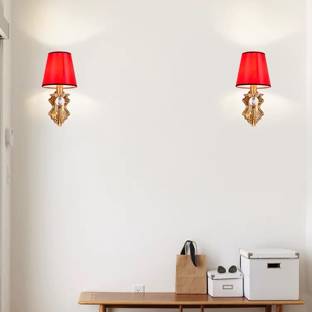 Aplique De Pared Creativo Moderno Con Pantalla De Tela Roja Y Decoración De Cristal De Globo, Accesorio De Iluminación De Pared Cableado Con Acabado En Oro Antiguo Apliques De Pared Deco De Ca