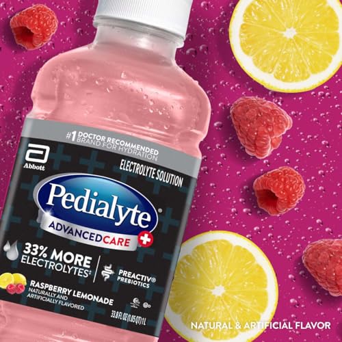 Image of Pedialyte AdvancedCare Plus Electrolyte Hydration Drink | Has 33% More Electrolytes and Has PreActiv Prebiotics | Raspberry Lemonade | 1 Liter, Pack of 4