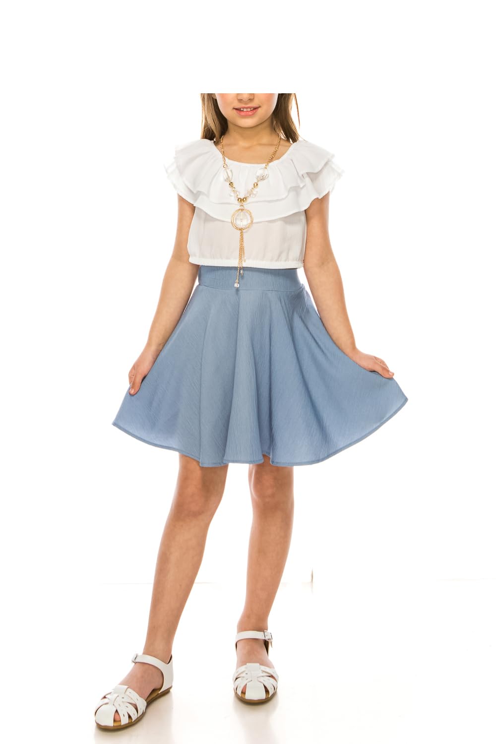 iGirlDress Girls Off Shoulder Crop Ruffle Layered Top and Skirt Set Outfit USA 4-14