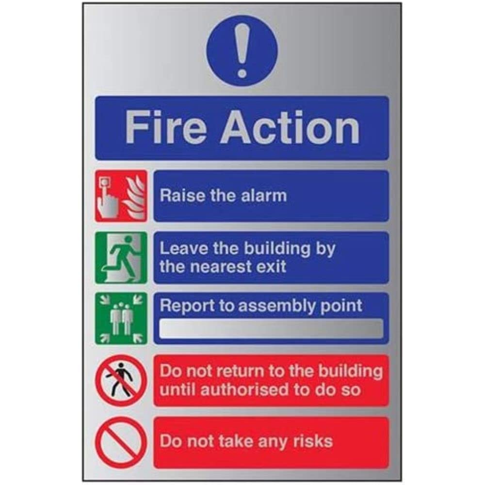 Vsafety Red And White, Aluminum V Safety General Fire Action 5 Message Risks Sign - 150Mm X 200Mm - 1.6Mm Alu Rigid Plastic
