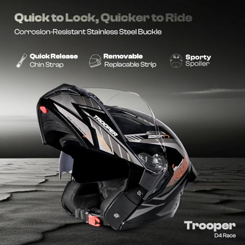 Image of STUDDS Trooper D4 Race ISI and DOT Certified Flip-Up Helmet with Dual Visor and Spoiler (Black Orange N4 - XL)
