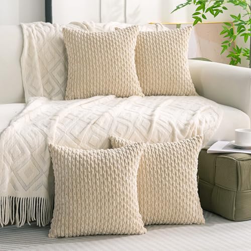 Set of 4 Beige Decorative Throw Pillow Covers 22x22 Inch Corduroy Pillow Covers for Bed Couch Sofa Living Room Soft Square Cushion Cases