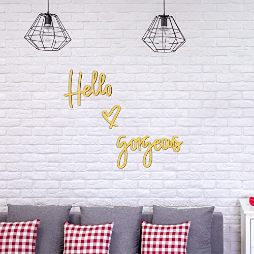 Image of Blulu Hello Gorgeous Wall Decor Sign Hello Gorgeous Wall Art Minimalist Wooden Words Decor for Lash Room, Salon, Vanity or Makeup Room, Bathroom, Bedroom, Office(Gold)