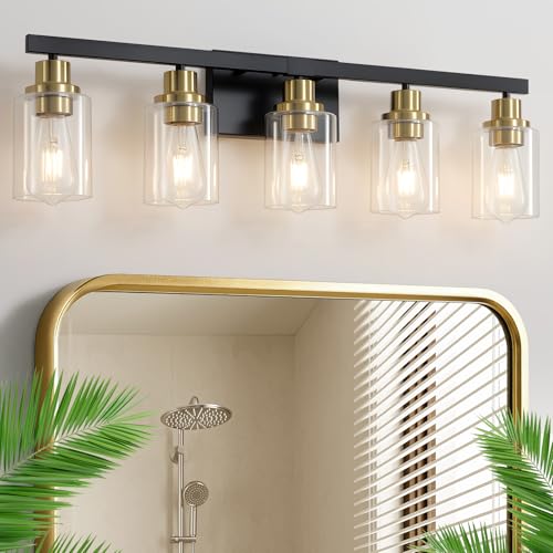 DIKAIDA 5-Light Black and Gold Bathroom Vanity Light, 30' Modern Vanity Lighting Fixture, Bathroom Light Fixtures, Wall Sconces with Clear Glass Shade, Black Bathroom Wall Light Over Mirror