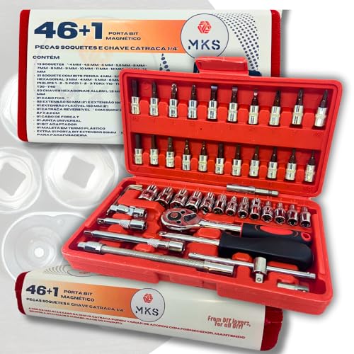MKS Kit Jogo De Chaves Catraca Reversível Com Soquetes E Bites Marca MKS 47 Peças Com 46 Peças No Ki