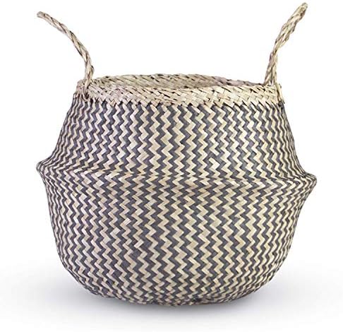 HandyMake Seagrass Belly Basket – 10 Basket Planter Styles in Small, Medium or Large for Home Décor, Laundry, Storage, Toy Organizer, Picnic, Nursery Hamper Use (Seagrass Zigzag Plush Black, Medium)