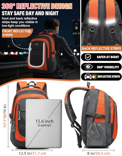 Image of ProEtrade Backpack Bookbag for College Sturdy Travel Business Hiking Fit Laptop Up to 15.6 Inch Multi Compartment Gifts for Men Women Night Light Reflective (Orange)