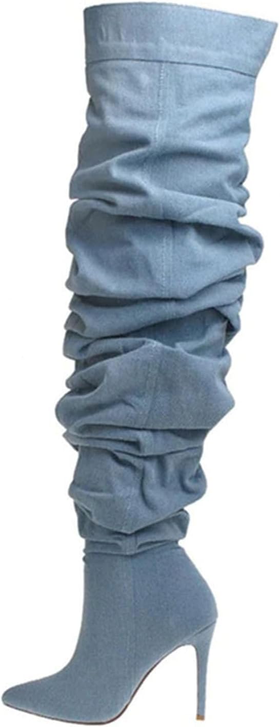 THESHY Women's Thigh High Boots - Denim Pointed Toe Stiletto Heel