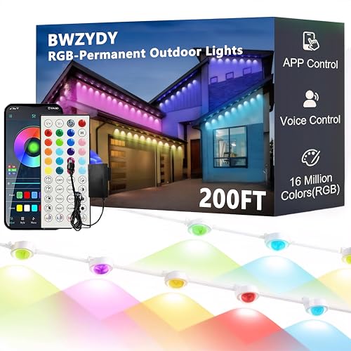 BWZYdy Permanent Outdoor RGB Lights,Waterproof Smart LED Eaves Lights with App/Remote Control,DIY IP67 Waterproof for Christmas and All Holiday Decor,House Roof and Garden Lighting (200FT)