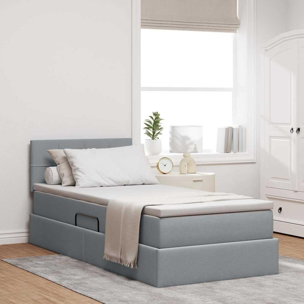 Cama de almacenamiento gris claro 100 x 200 cm con colchón, cabecero y clift hidráulico, cama individual moderna para dormitorio, material de madera y estructura de metal