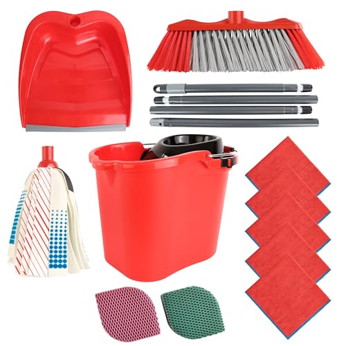 MAYA Combo MAX. Set de Limpieza Multifuncional. Cubo 16l, Fregona MAX 4, Escoba MAX 3, Recogedor con Regleta de Goma, Palo por Secciones. Esponja EVO Baños y Bayeta Terry 200G.