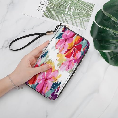Leather Purse,Hawaiian Flower Print Print Womens Wallet,travel Wallet,wrist Strap Long Purse,leather Zip Around Wallet4