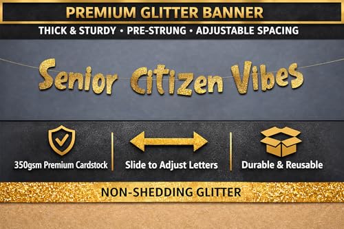 Image of Pre-Strung Senior Citizen Vibes Funny Birthday Gold Glitter Banner - Funny 21st Birthday Decorations for Men and Women - Birthday Party Supplies and Gifts
