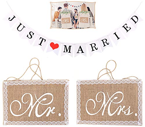 Chingde Mr and Mrs Wedding Signs, Just married banner, arpillera de encaje Mr and Mrs chair signs just married sign just married casada Decoración de fiesta de bodas